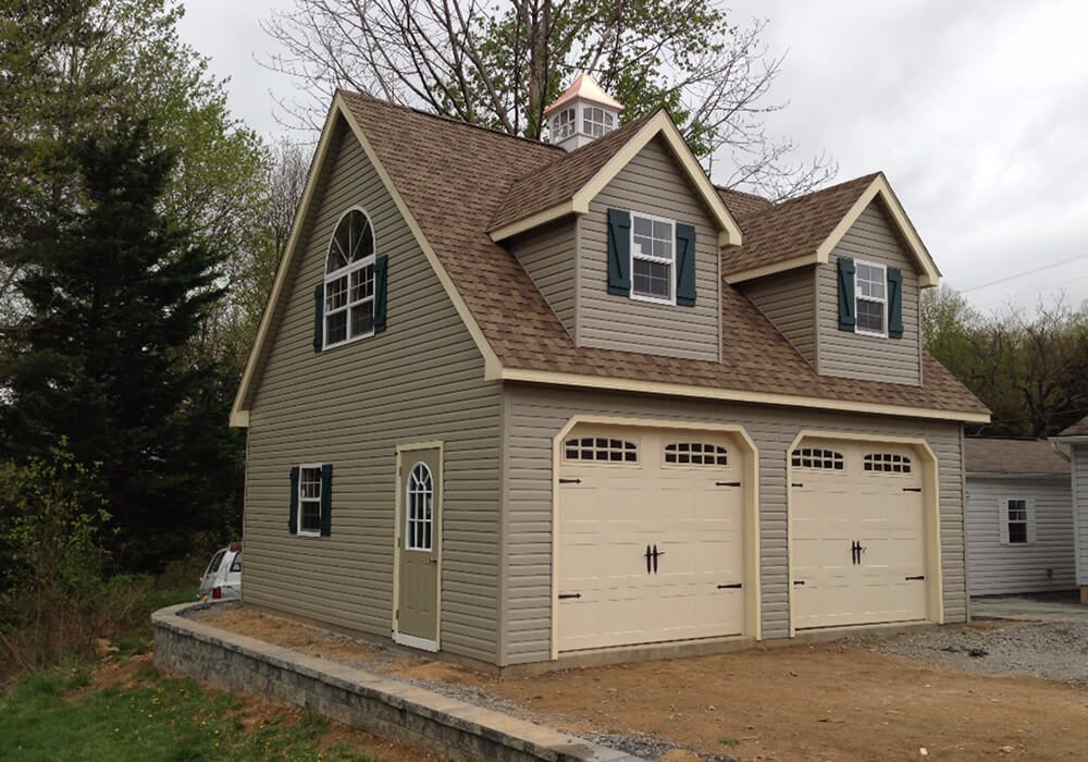 Jefferson 24 x 24 vinyl with double frame out dormers 60 round top vinyl window - Custom building by Custom Garages of Virginia