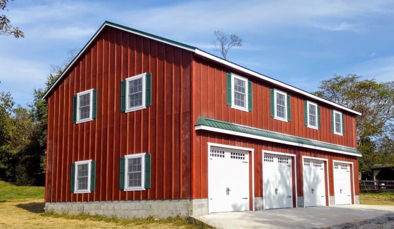 Two story 4 car garage with board and batten siding - Custom building by Custom Garages of Virginia